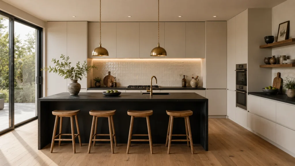 Warm modern kitchen with solid black countertops, off-white Zellige tile backsplash, and brass pendant lights.