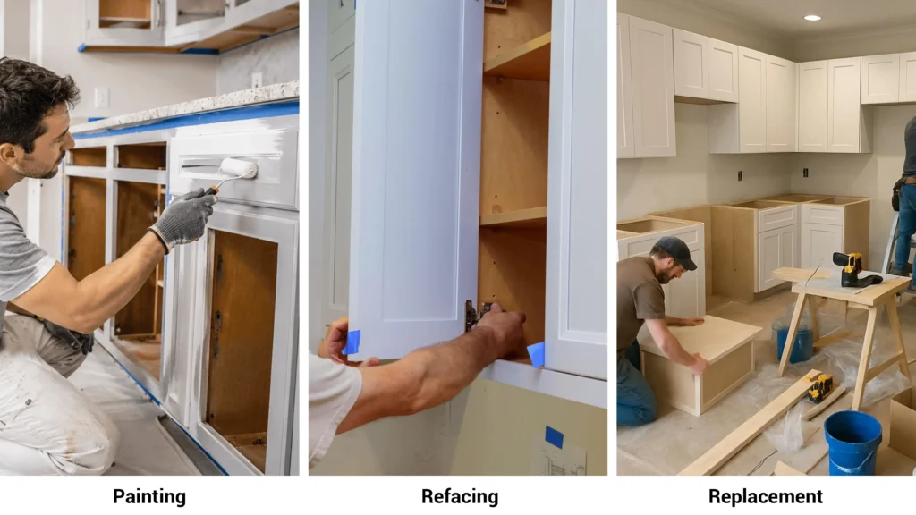 Three-panel image comparing kitchen cabinet painting, door refacing, and a full custom replacement renovation