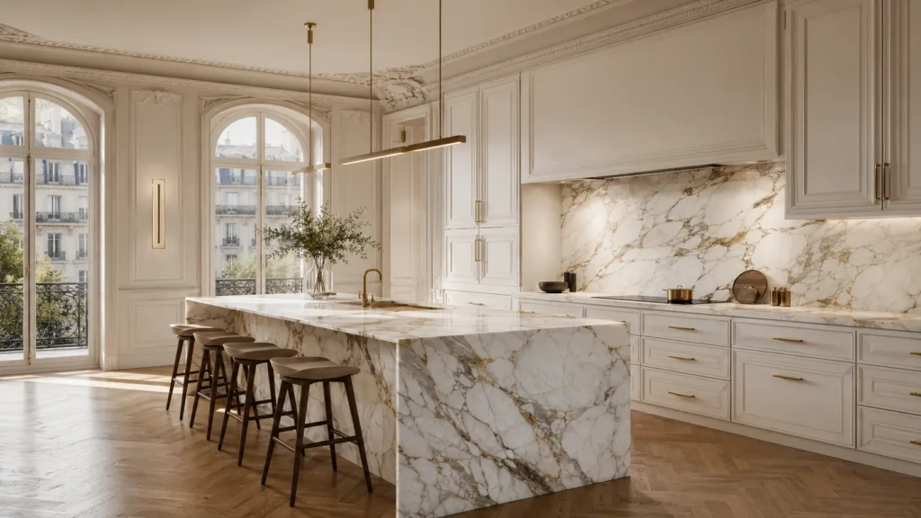 Calacatta gold marble island and matching backsplash paired with off-white cabinets and brass hardware in a luxury villa.