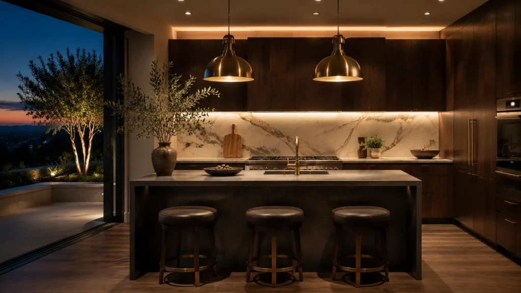 Warm 3000K brass pendant light and strip lighting illuminate dark kitchen cabinets and marble backsplash in a villa.