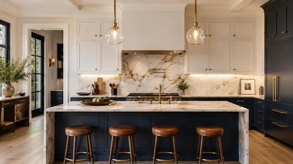 Navy blue lower kitchen cabinets with white upper cabinets, brass hardware, and marble island in a modern luxury home.