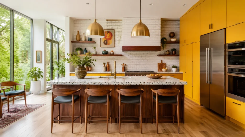 Modern kitchen with bright mustard yellow tall cabinets, a dark wood island, and a terrazzo countertop.