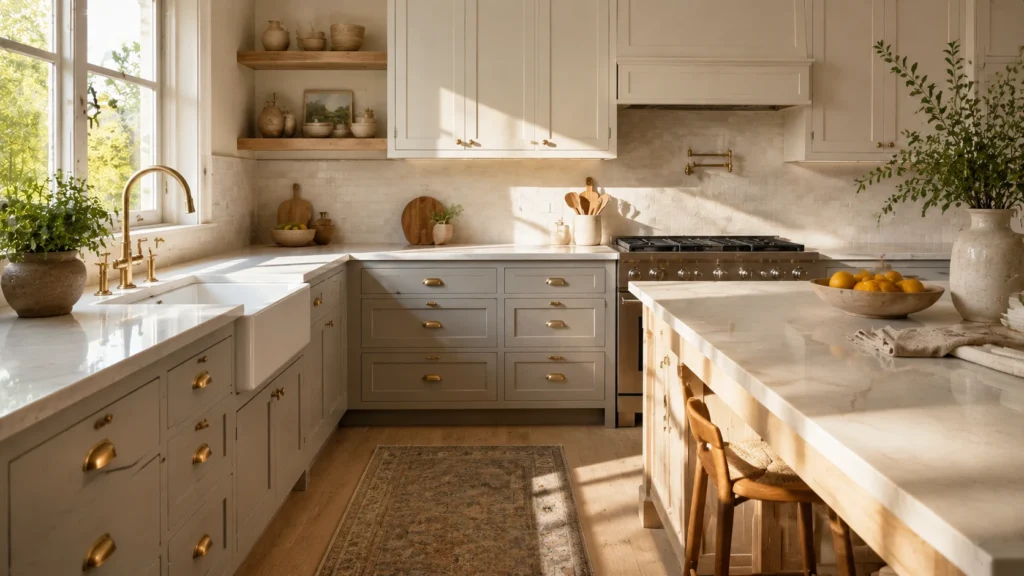 Light grey shaker cabinets featuring warm brass hardware, a farmhouse sink, and natural wood floors in a villa kitchen.