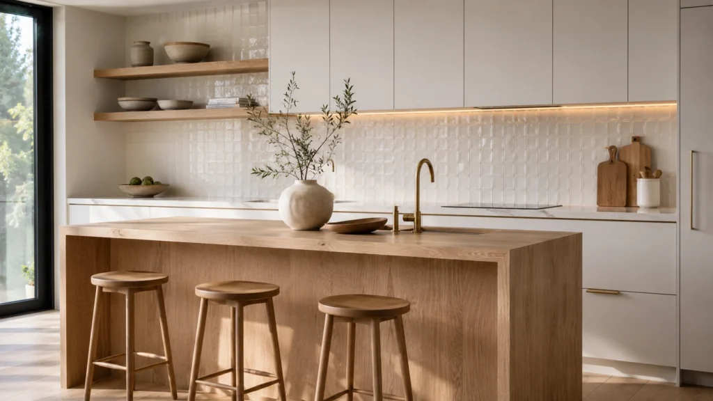 Warm under-cabinet lighting illuminates a glossy textured tile backsplash in a white and oak villa kitchen.