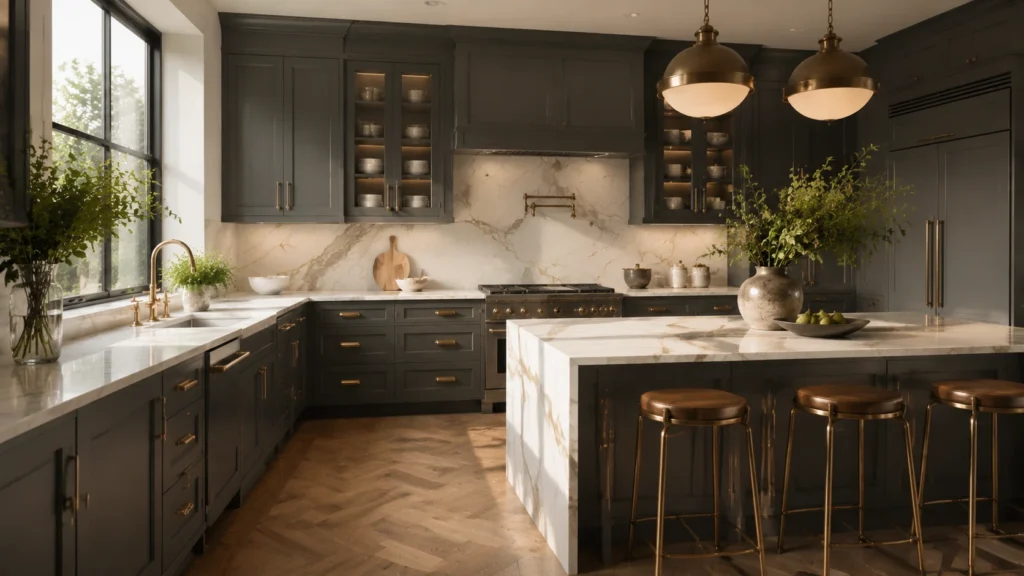 Charcoal soft black painted kitchen cabinets with marble waterfall island, brass hardware, and herringbone floor in a luxury home.