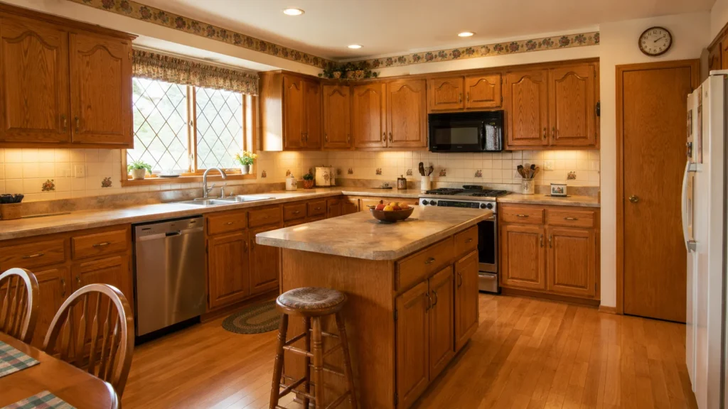 Traditional kitchen with honey oak cathedral cabinets, matching wood island, and laminate countertops.