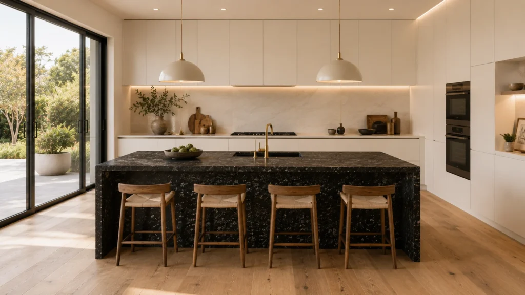 Modern kitchen featuring a speckled black granite island, seamless beige backsplash, and warm white flat cabinets.