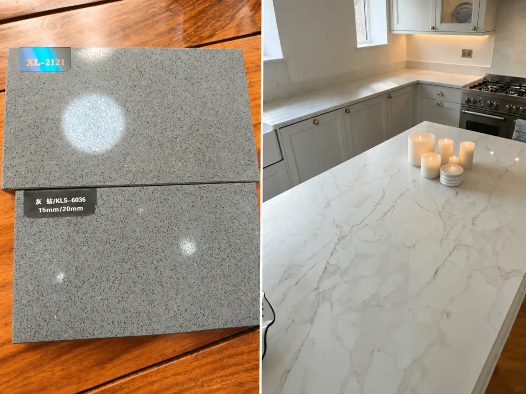 Grey quartz samples XL-2121 and KLS-6036 compared with a Calacatta-veined white quartz countertop in a luxury kitchen.