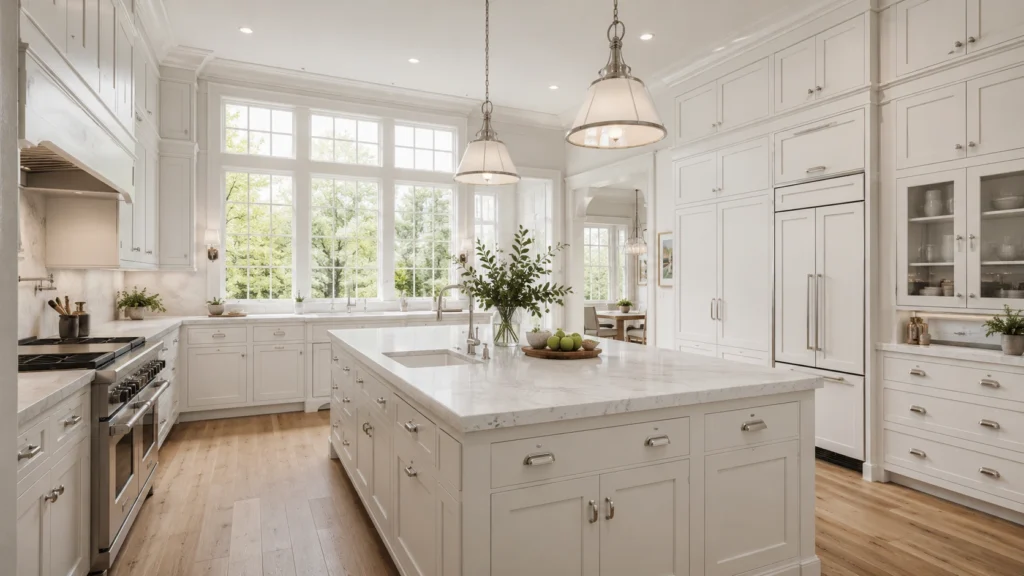 To-ceiling white shaker cabinets and a large marble island with cup pulls in a luxury, sunlit villa kitchen.
