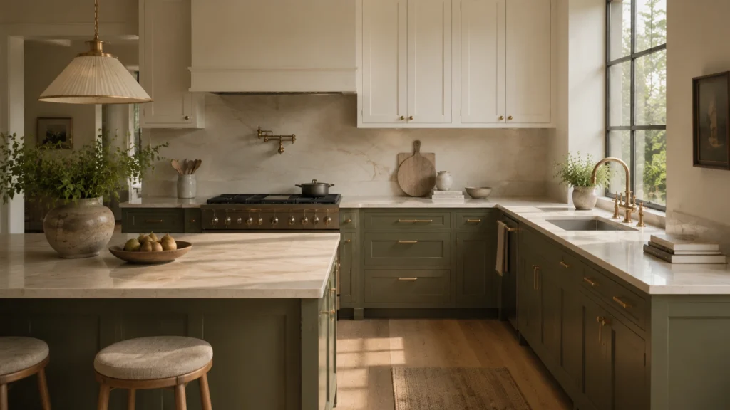 Two-tone kitchen cabinets featuring cream upper cabinets, olive green lower cabinets, and marble countertops in a villa.