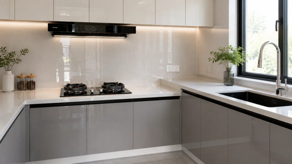Modern apartment kitchen featuring high-gloss gray cabinets with highly reflective panel surfaces.