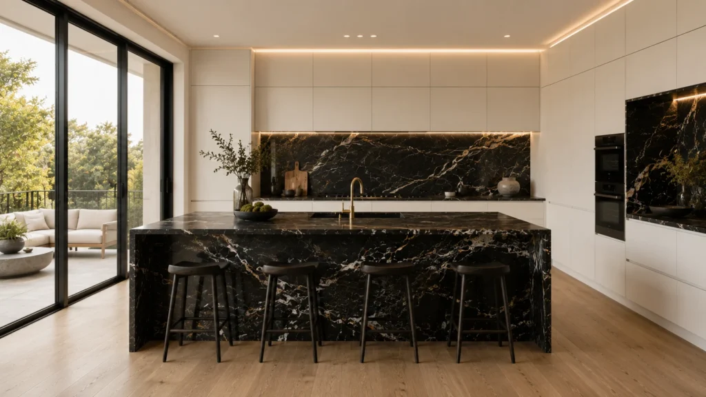 Luxury villa kitchen featuring a strongly veined black marble island and continuous stone slab backsplash.