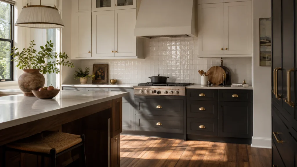 Handmade glossy square tile backsplash pairs with dark grey shaker cabinets and mid-tone wood floors in a villa kitchen.