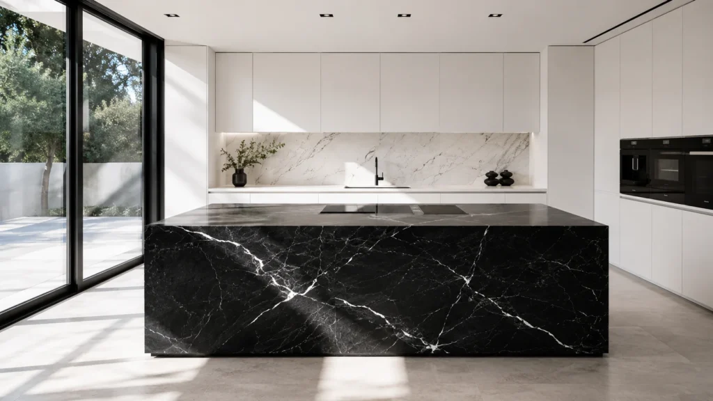 Minimalist white slab cabinets paired with a black marble waterfall island in a modern luxury penthouse kitchen.