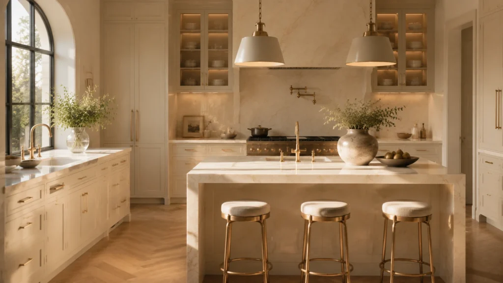 Creamy white painted kitchen cabinets with gold-veined marble countertops and brass hardware in a sunlit luxury villa.