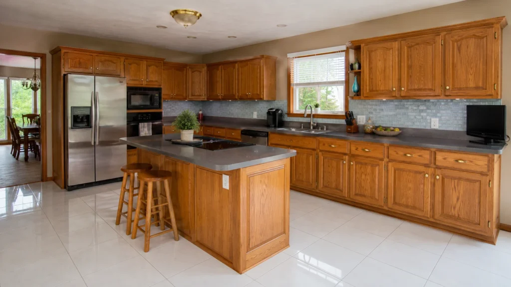 Dated kitchen showing clashing materials like traditional oak cabinets, dark gray counters, and glossy white tile floors.