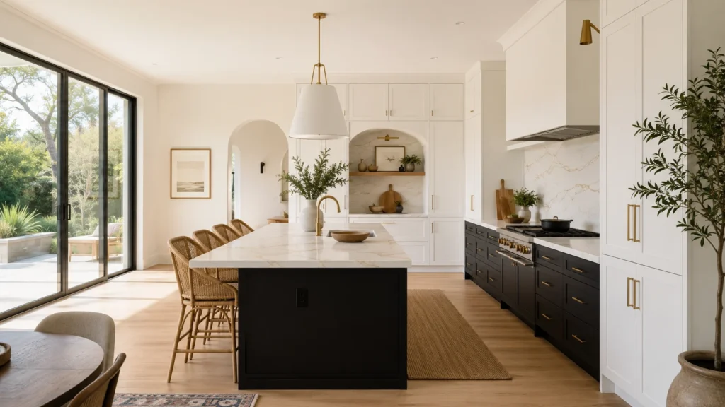 Warm greige kitchen walls complementing black lower cabinets, white tall storage, and a white marble island.